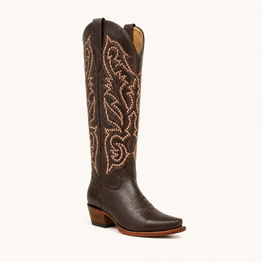 Bota Alta Café con Remaches Oro Estrella — Jr Robert Western