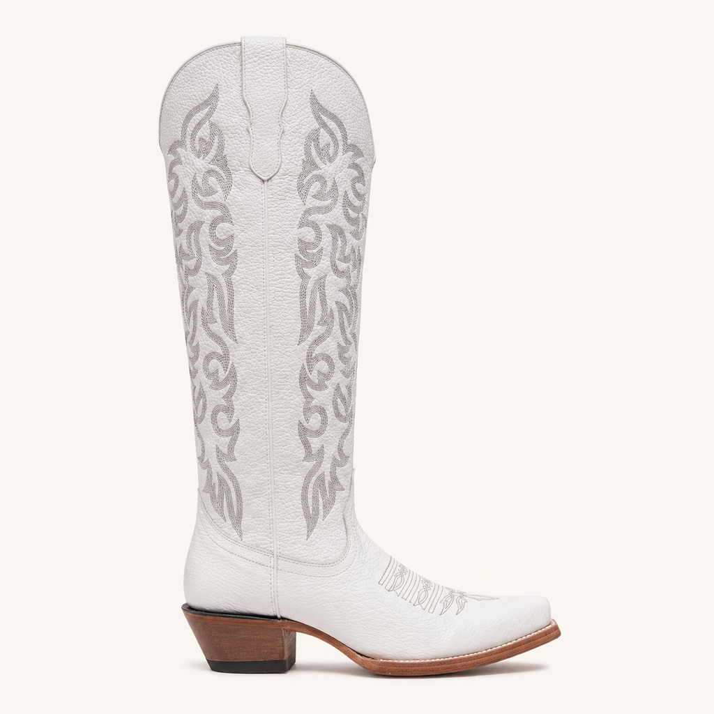 White High Boot with Pearl Grey Embroidery — Valentina