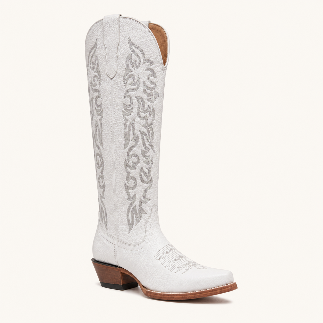 White High Boot with Pearl Grey Embroidery — Valentina