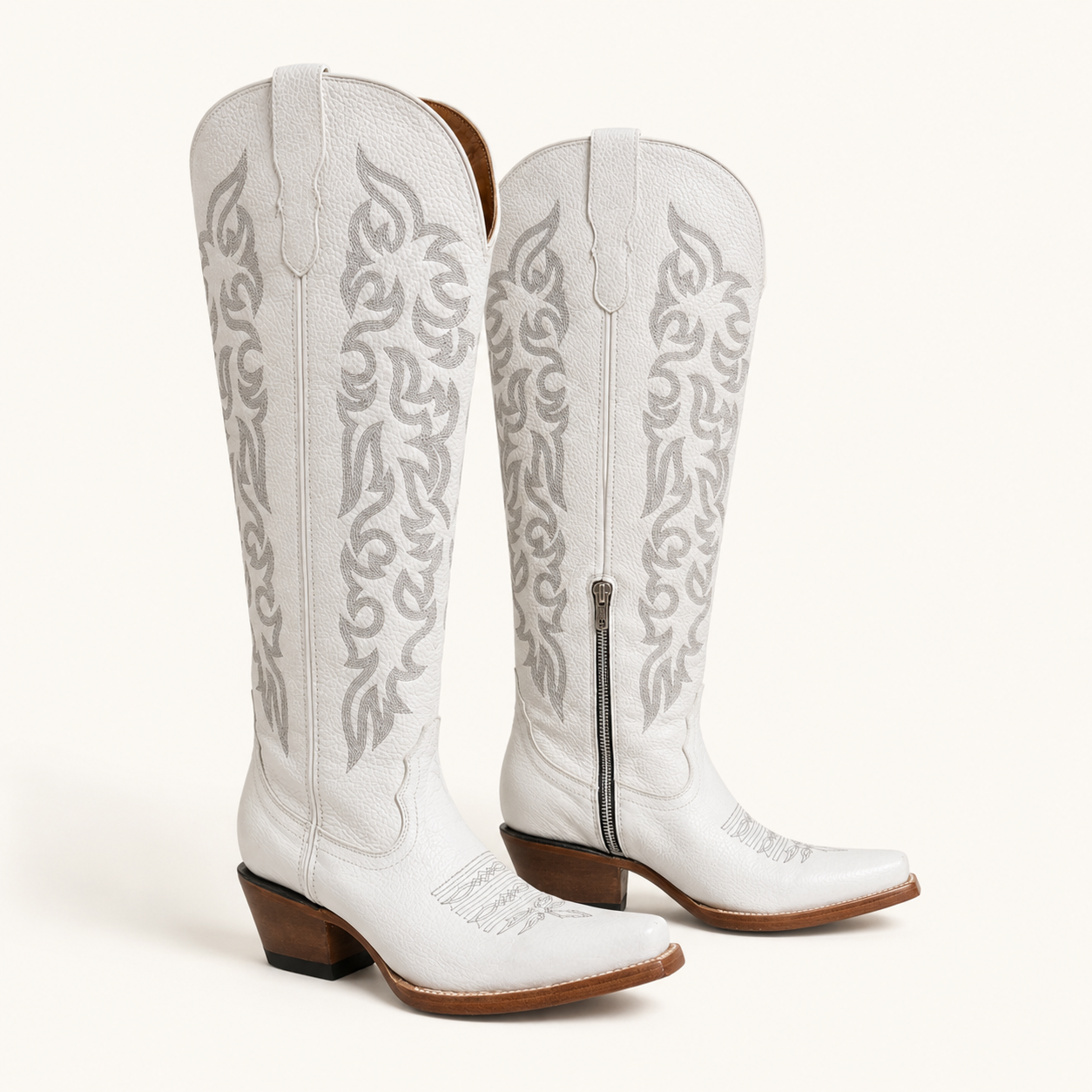 White High Boot with Pearl Grey Embroidery — Valentina