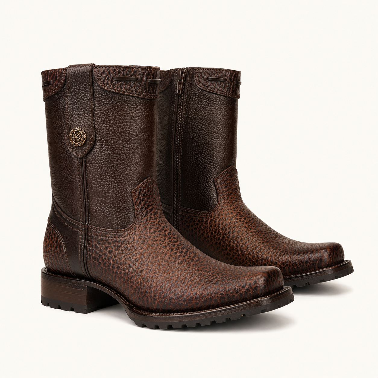 Honey Bison-Embossed Tractor Sole Boot — Armenta