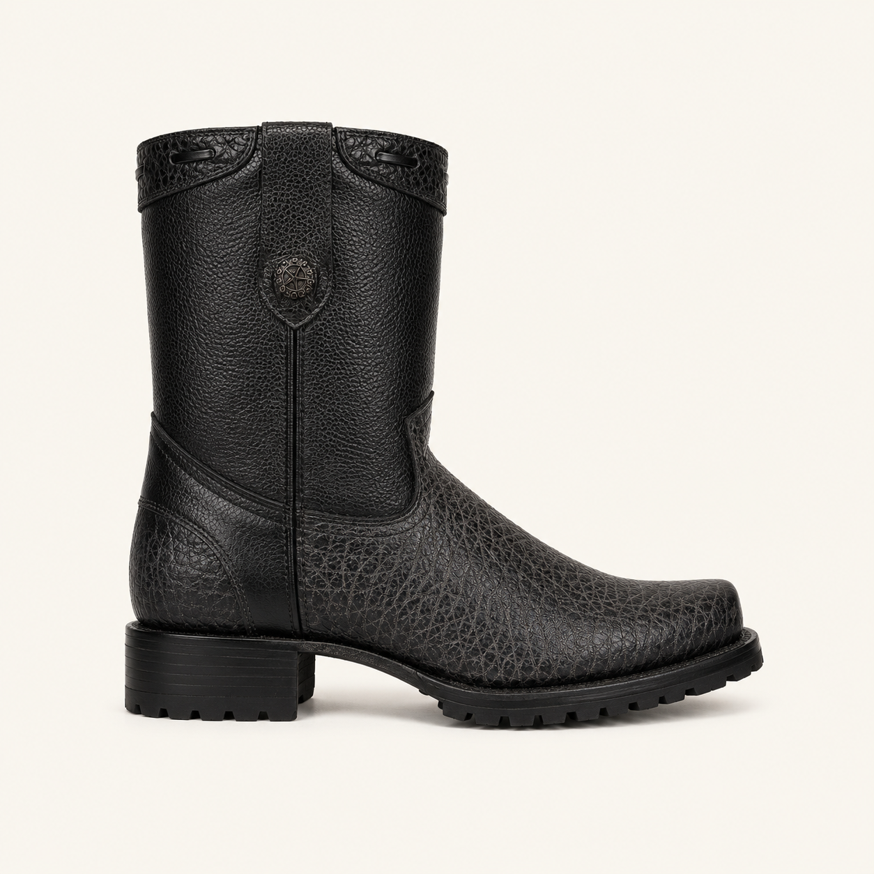 Buffalo Black Bison-Embossed Tractor Sole Boot — Armenta