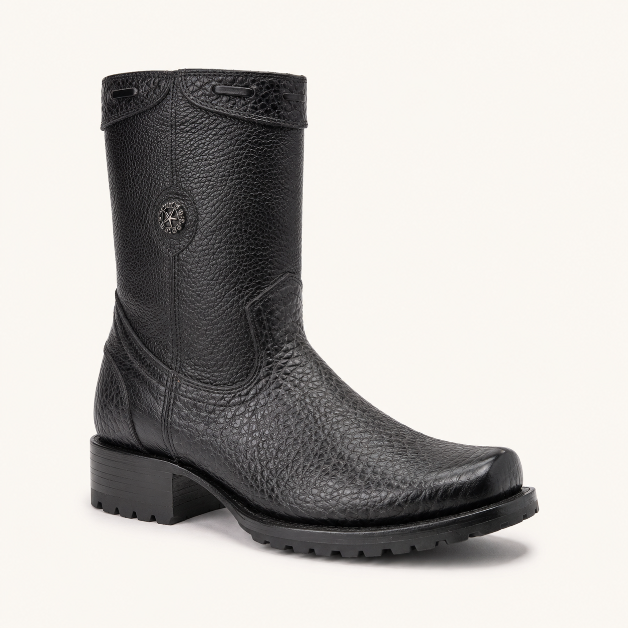 Buffalo Black Bison-Embossed Tractor Sole Boot — Armenta