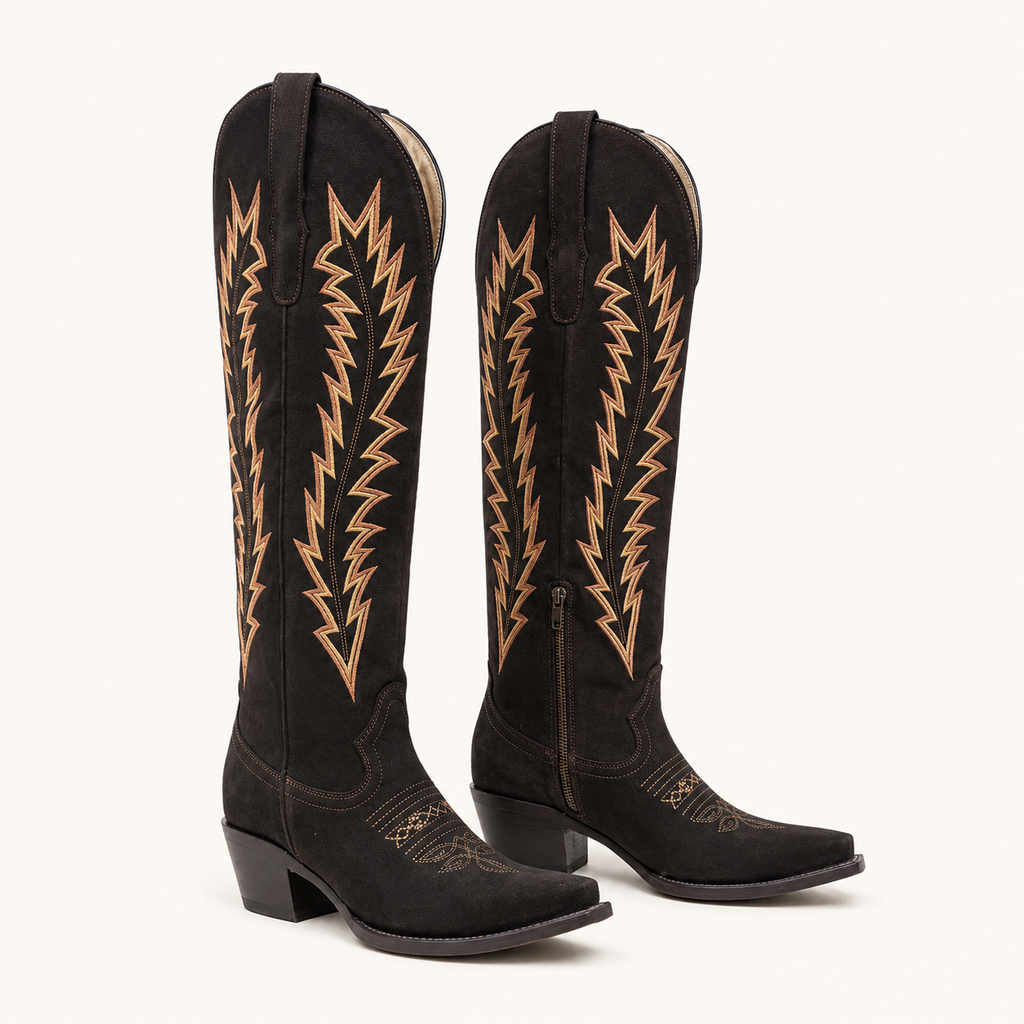Bota Alta Café Bordado Rayo — Esja Boots