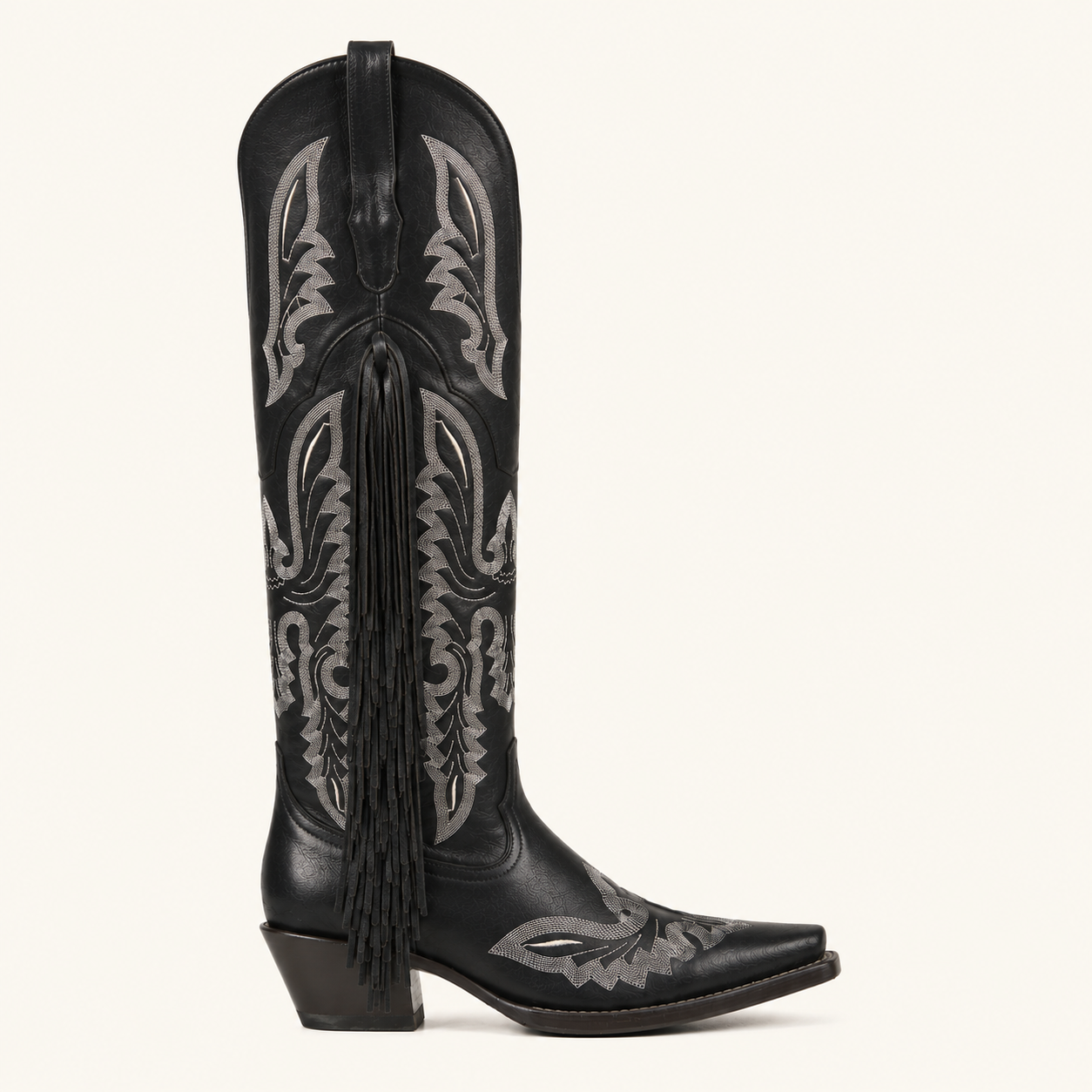 Black Boot with Fringes and Gypsy Embroidery — Esja Boots