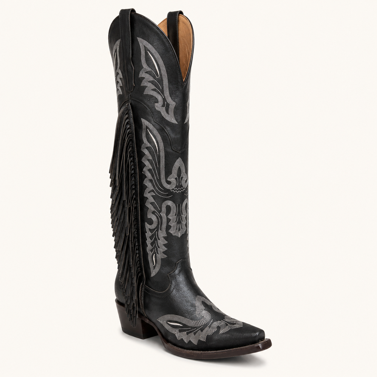 Black Boot with Fringes and Gypsy Embroidery — Esja Boots