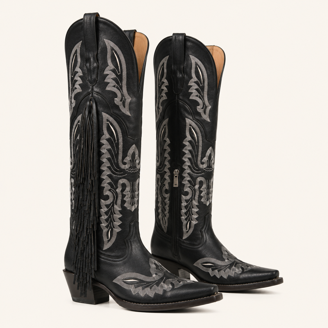 Black Boot with Fringes and Gypsy Embroidery — Esja Boots