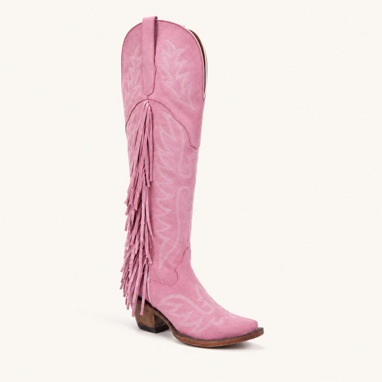 Pink Suede Tall Boots with Rosalinda Fringes — Forajidas