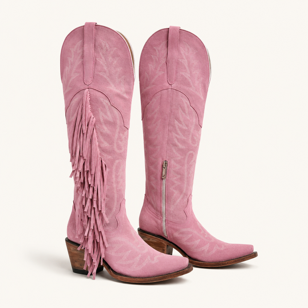 Pink Suede Tall Boots with Rosalinda Fringes — Forajidas