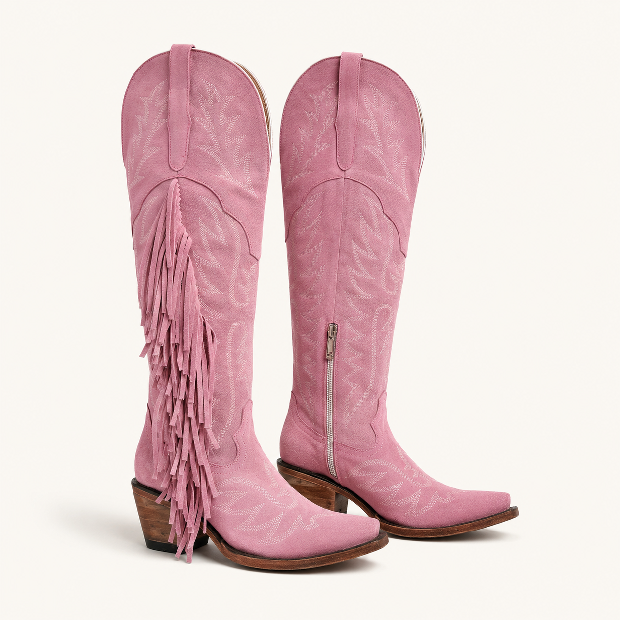 Pink Suede Tall Boots with Rosalinda Fringes — Forajidas