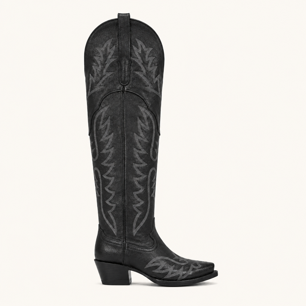 Bota Extra Alta Negra Bordada Azabache — Forajidas
