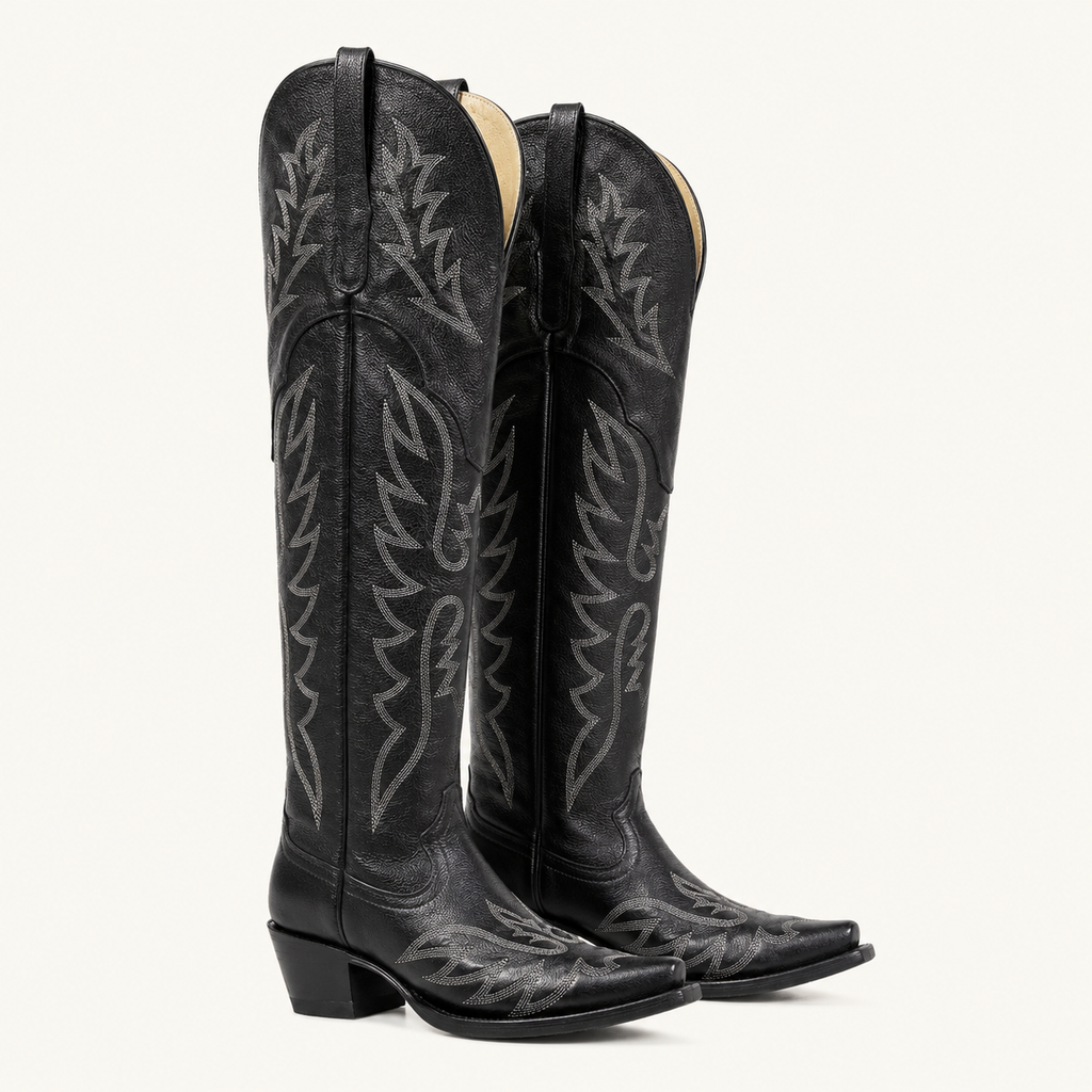 Bota Extra Alta Negra Bordada Azabache — Forajidas