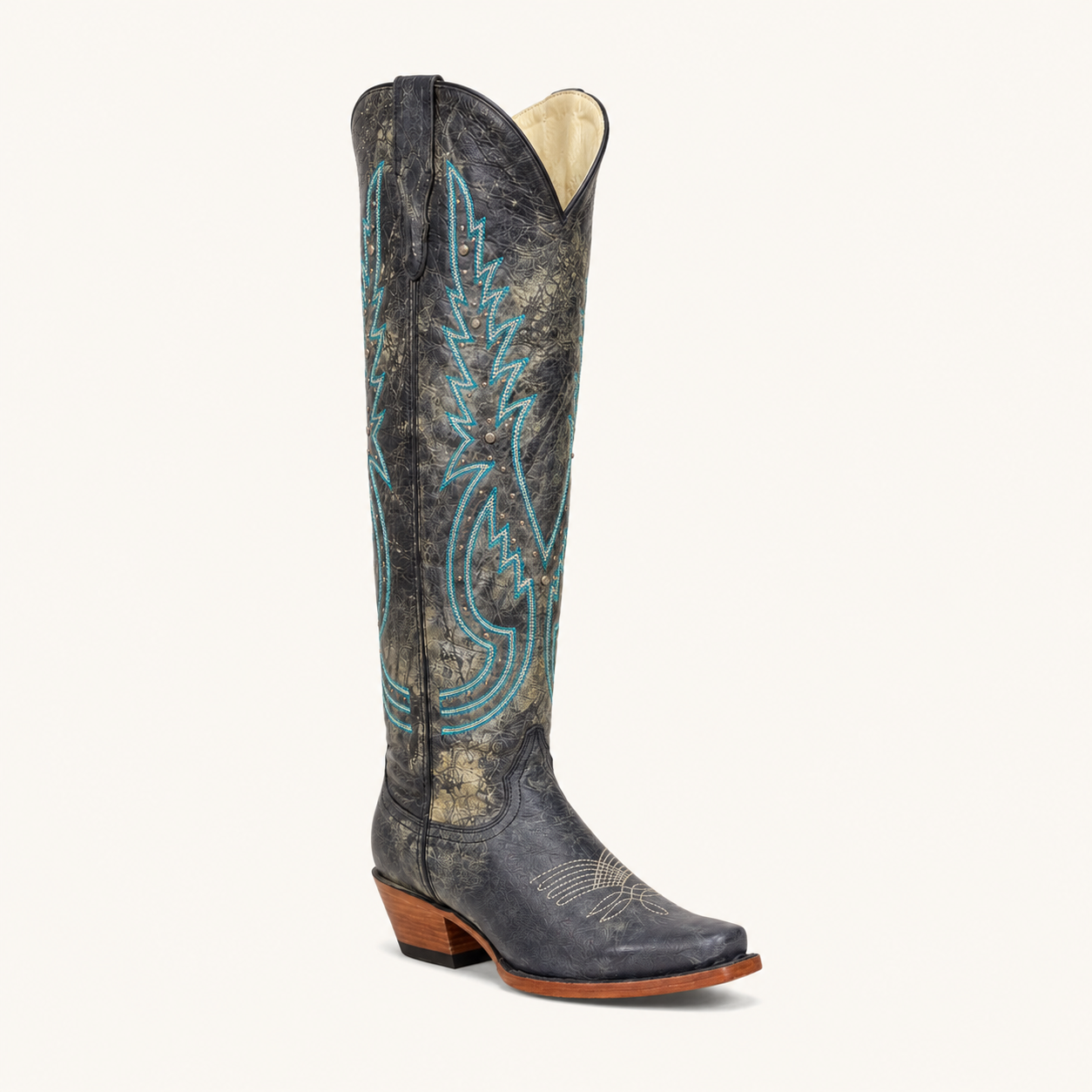 Grey Tall Boot with Turquoise Embroidery