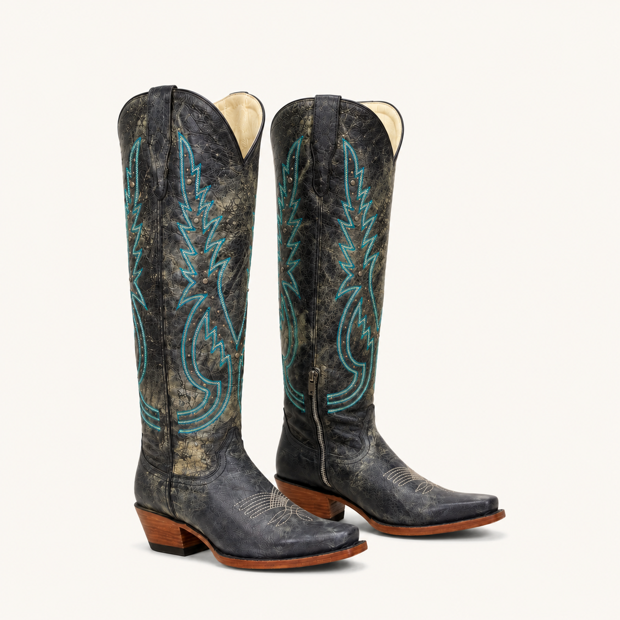 Grey Tall Boot with Turquoise Embroidery