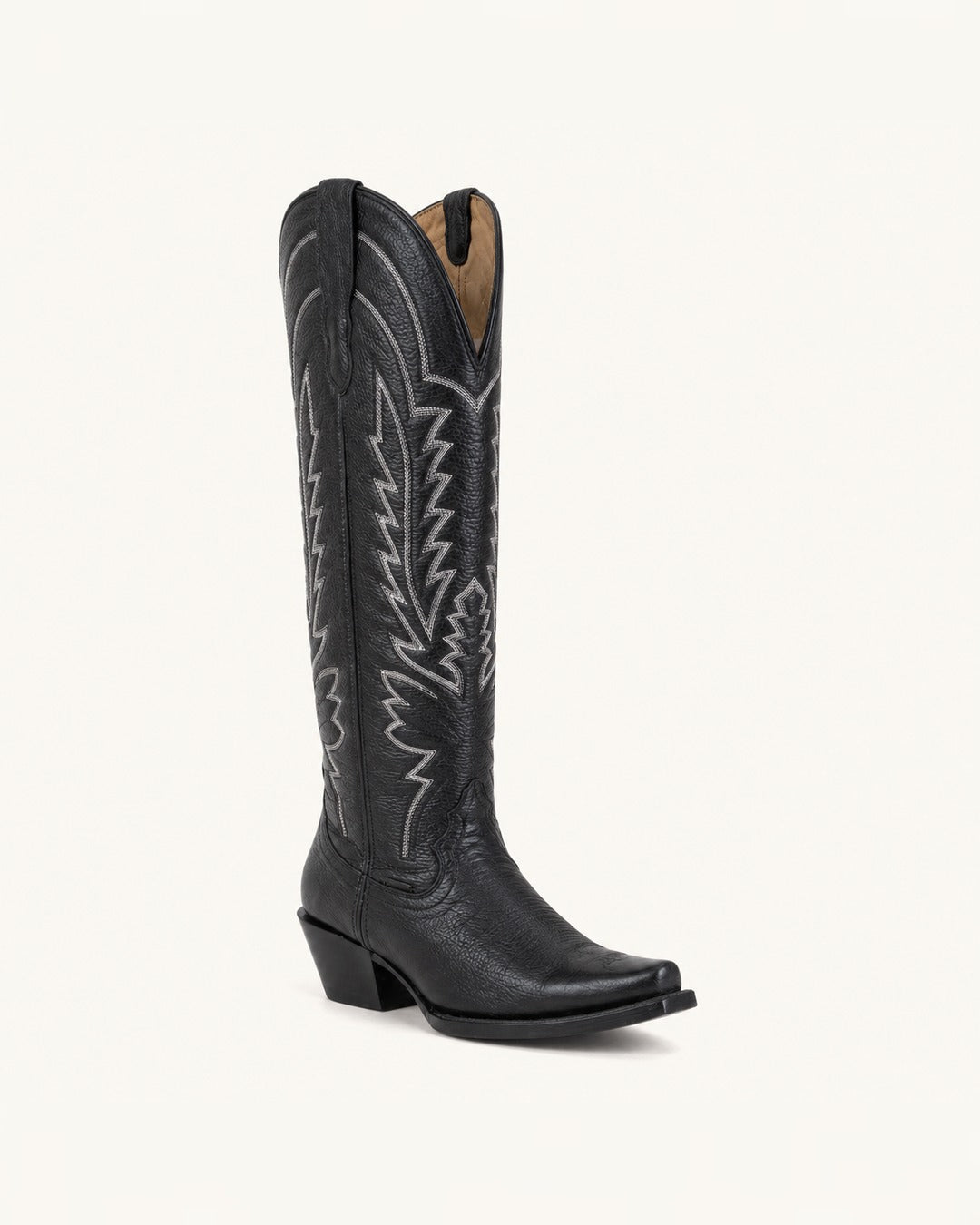 La Serrana Tall Black Boot with White Embroidery