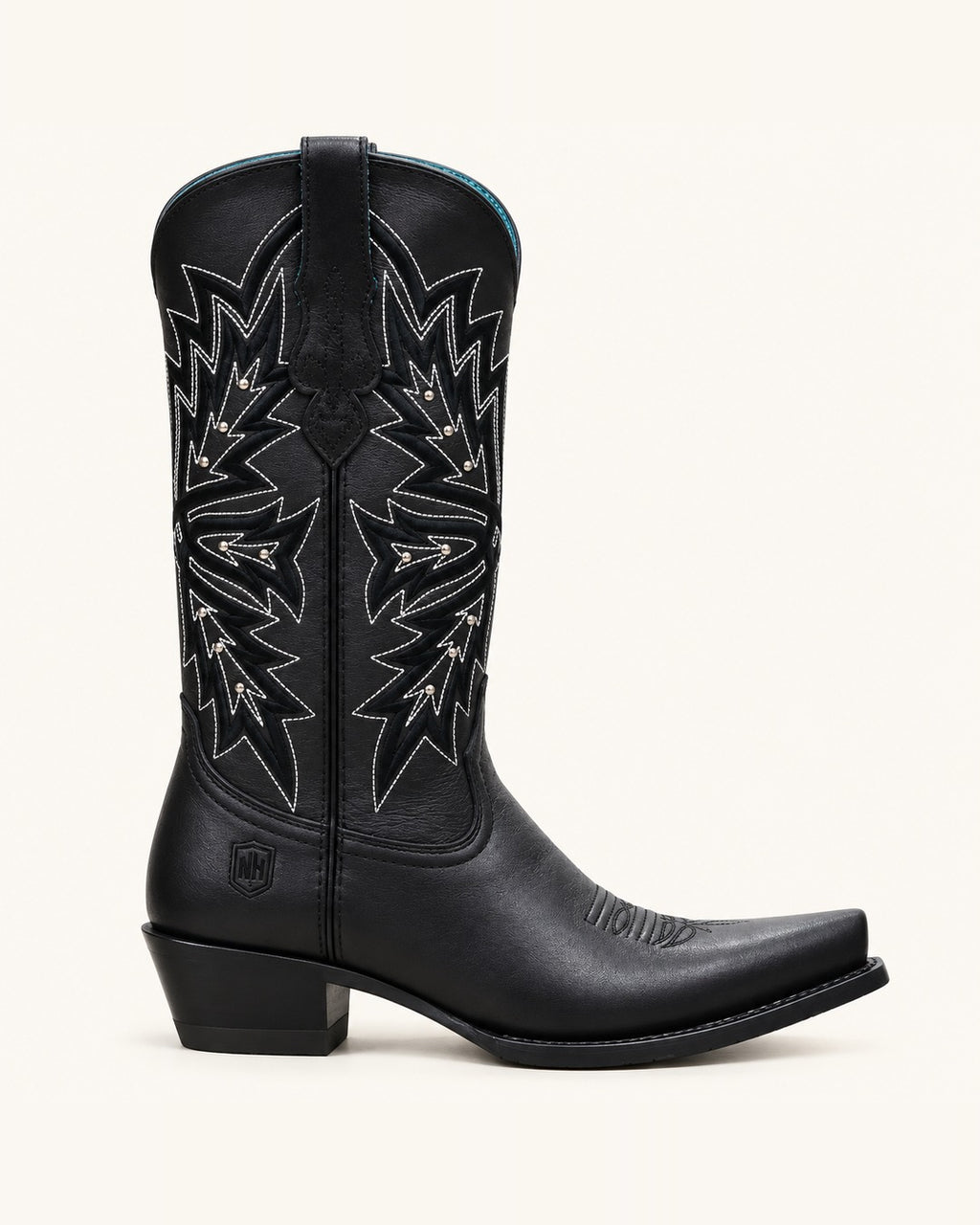 La Elettra in Black with White Embroidery and Rivets