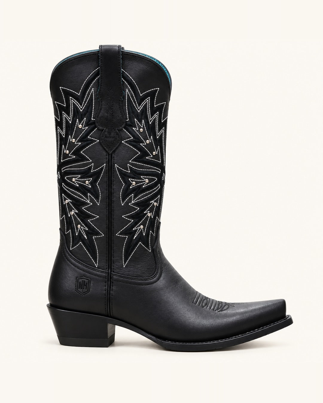 La Elettra in Black with White Embroidery and Rivets