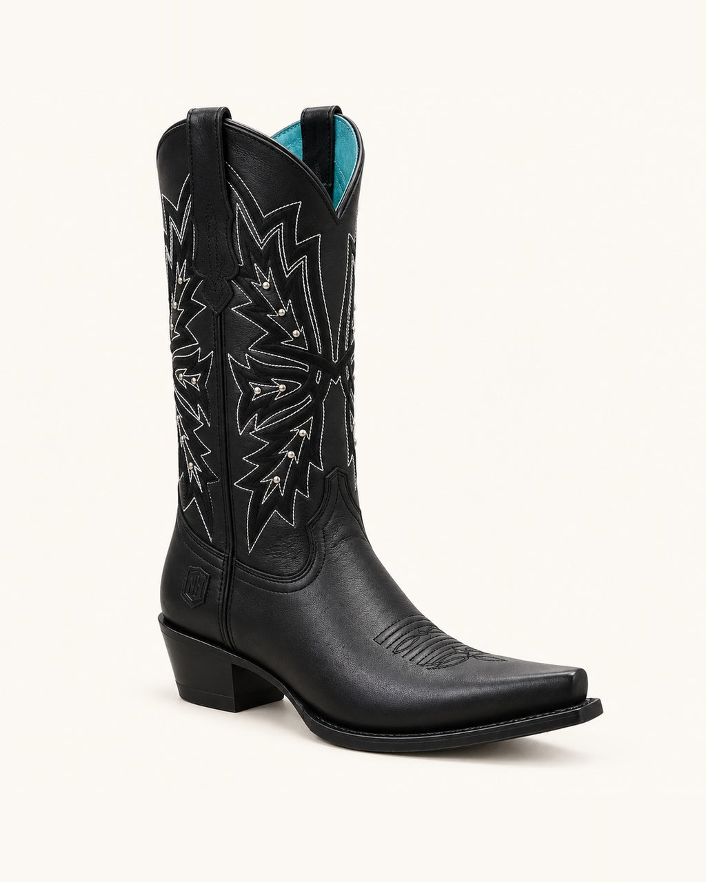 La Elettra in Black with White Embroidery and Rivets