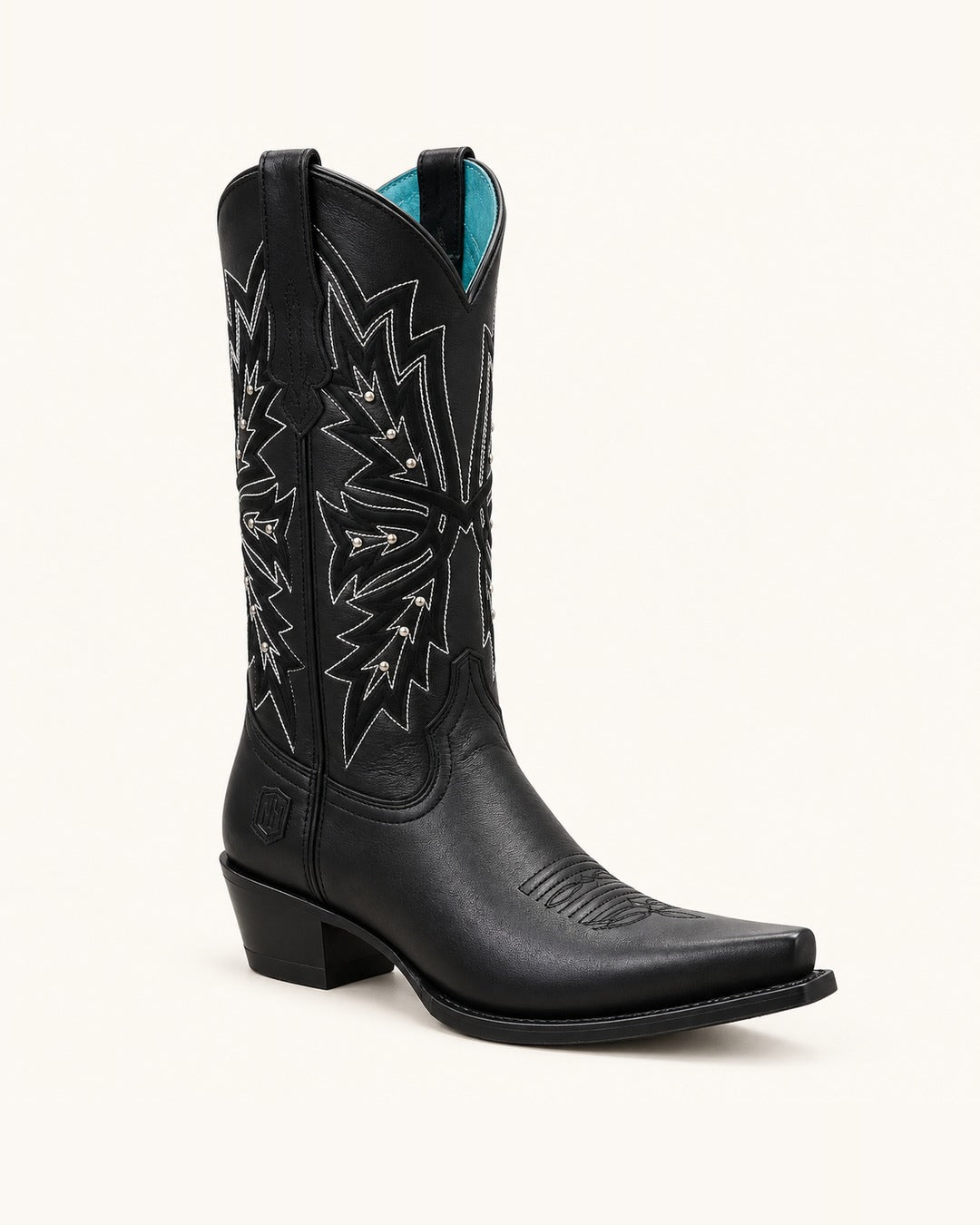 La Elettra in Black with White Embroidery and Rivets