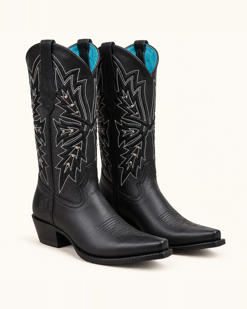 La Elettra in Black with White Embroidery and Rivets