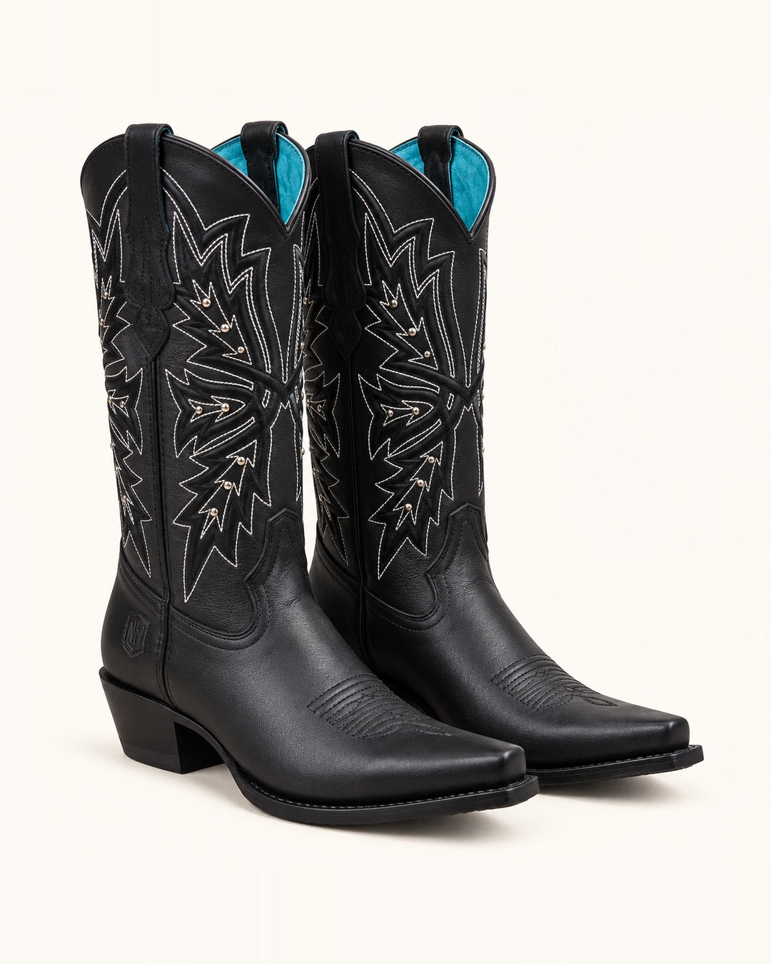 La Elettra in Black with White Embroidery and Rivets